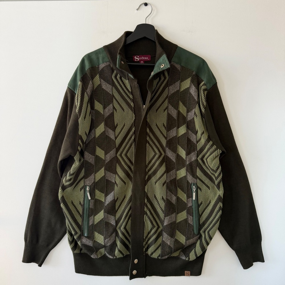 Silver Silk Mens XXL Full Zip Geometric Knit Sweater Olive Green Suede Trim Mock